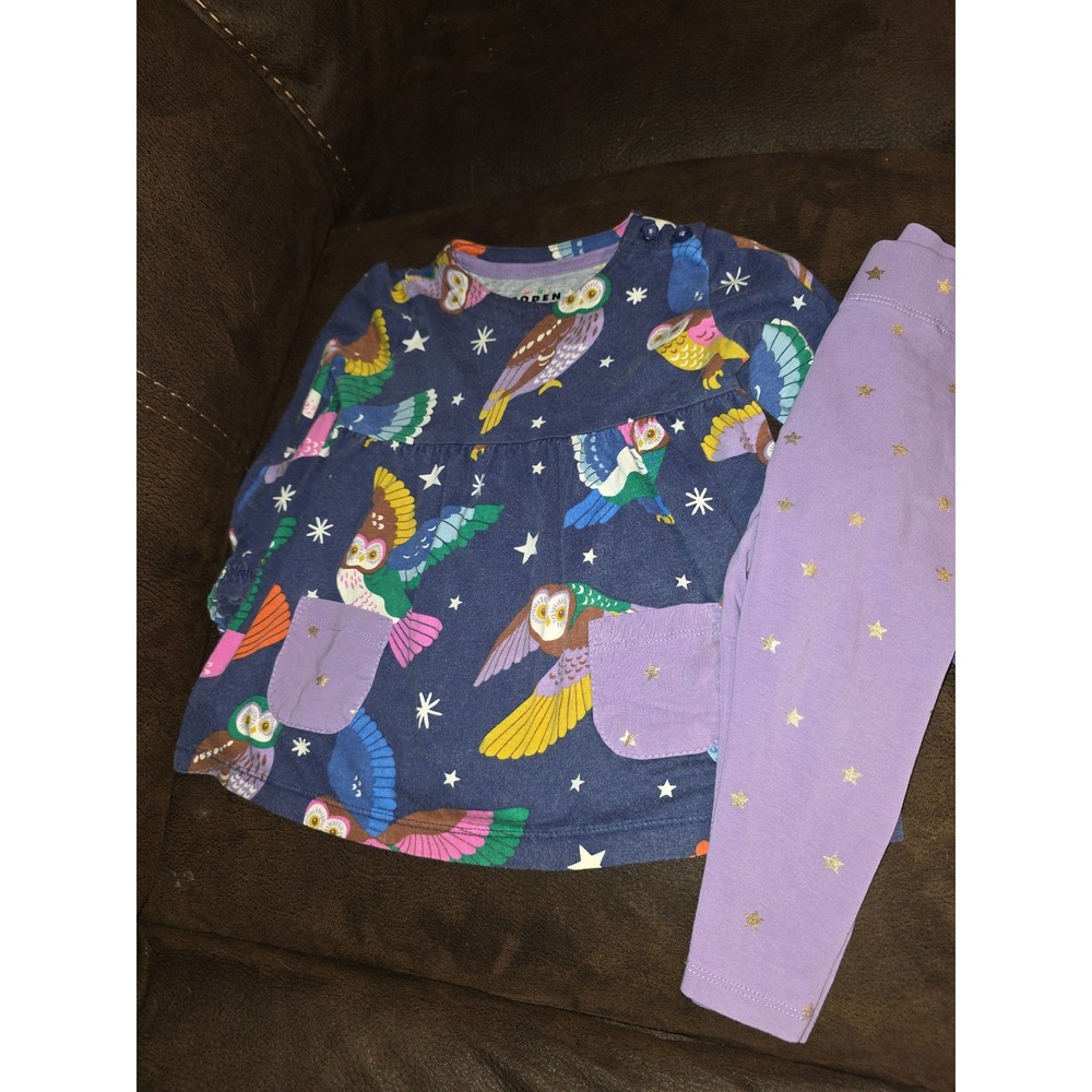 Mini boden fall autumn owl top purple stars leggings size 12 18 months